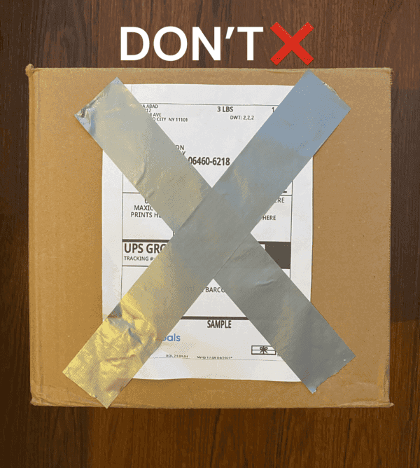 Sample of a shipping label paste with a non-transparent tape hiding information