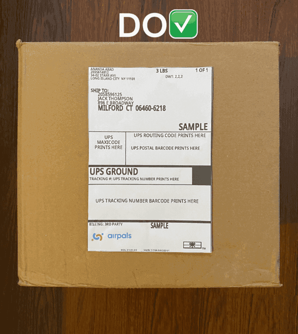 Sample of a shipping label properly placed on a package