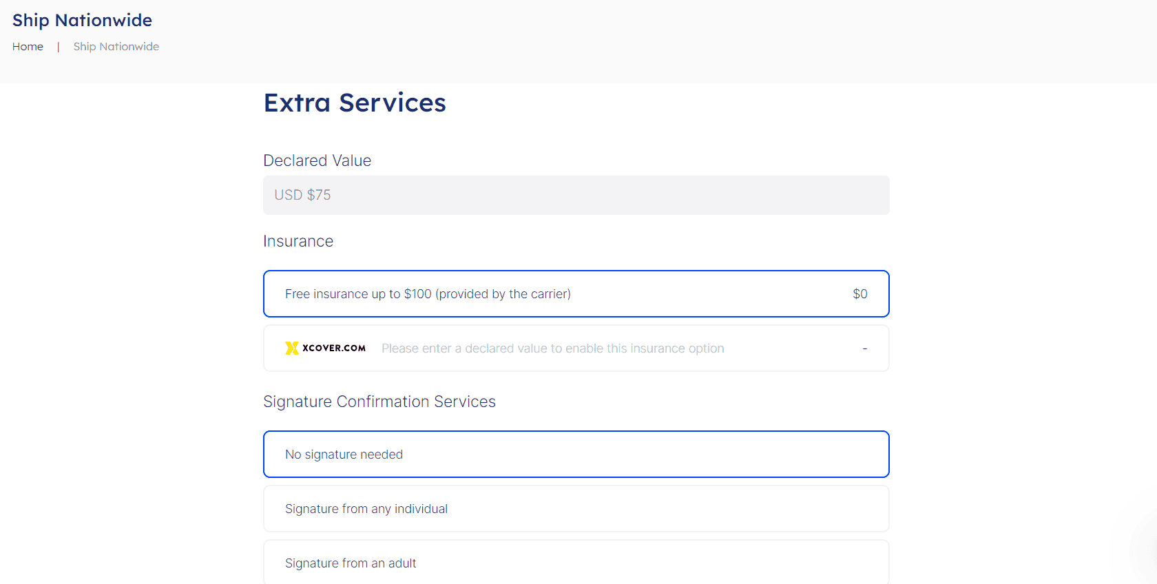 Multi-Carrier dashboard extra services page 1