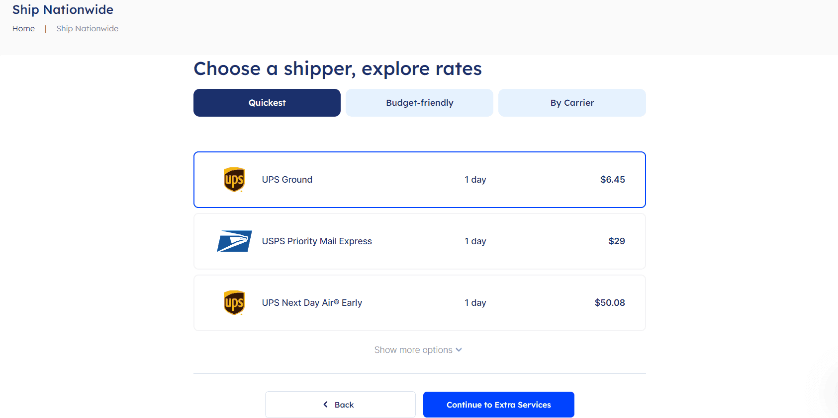 Multi-Carrier dashboard carriers page