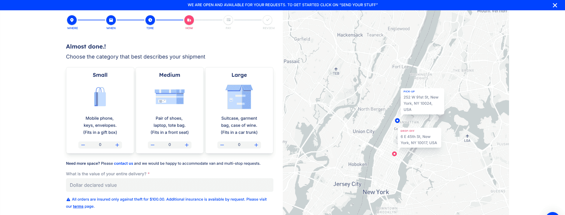 describe your shipment nyc landing page