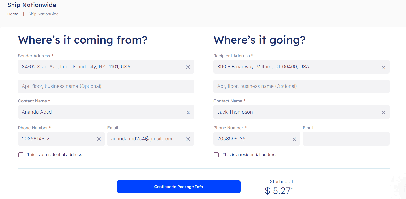 Multi-Carrier dashboard address page