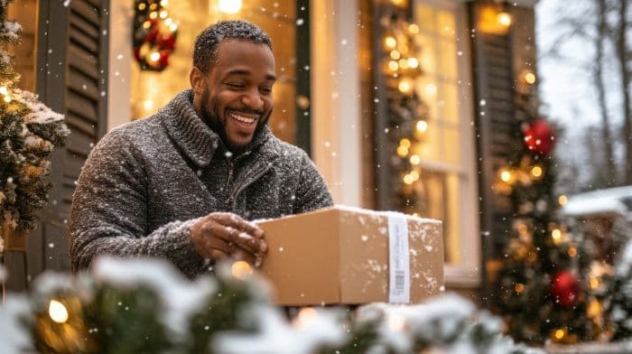A man excitedly unboxing a package on his front porch