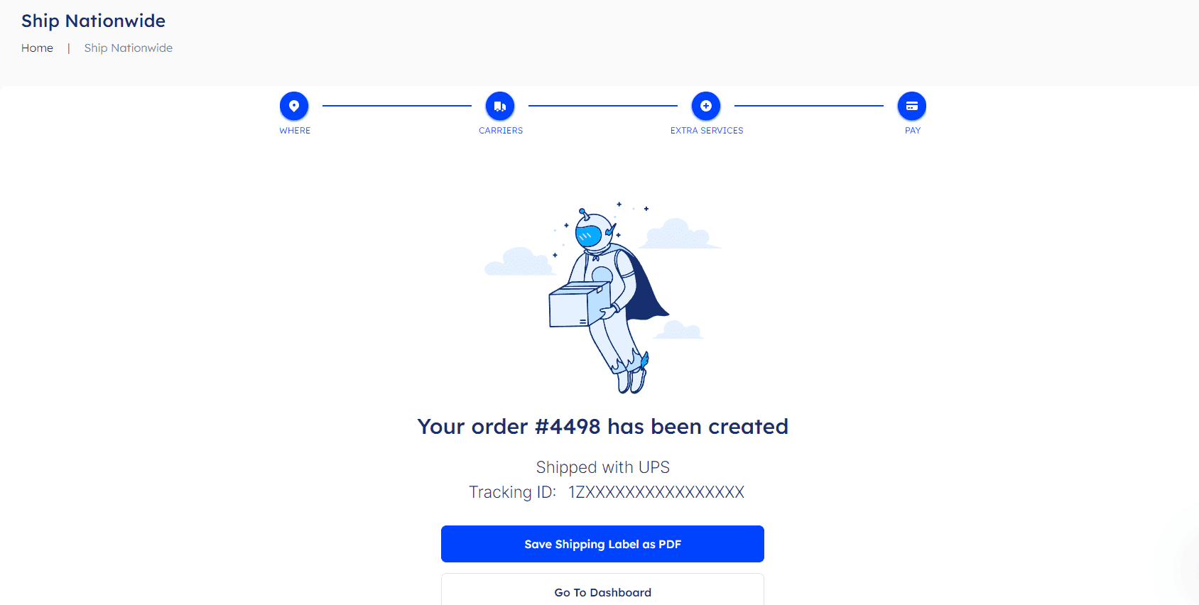 Multi-Carrier dashboard confirmation page